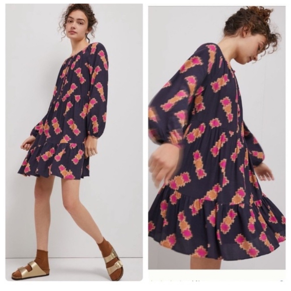 NWT ANTHROPOLOGIE Sammi Puffed sleeves Tiered Mini Dress size‎ XS Navy